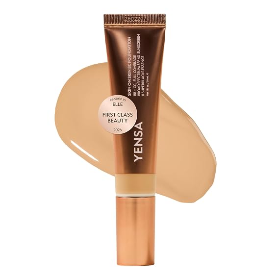 YENSA BC Foundation - Full Coverage Foundation, CC & BB Cream In One with SPF 40 - Enriched With Hyaluronic Acid & Peptides to Hydrate & Firm Skin - Korean Skin Care Makeup - Medium Warm (1 oz)