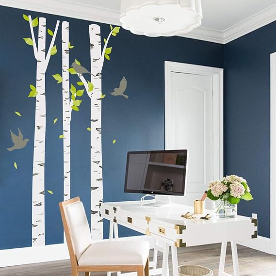decalmile Large Birch Tree Wall Sticker White Trees Birds Wall Decoration Bedroom Living Room Dining Room (H:205 cm)