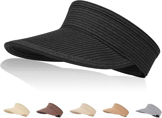 Sun Visor Hats Women Wide Brim Summer UV Protection Beach Cap Straw Hat Roll-up Foldable Sun Hats for Outdoors Black