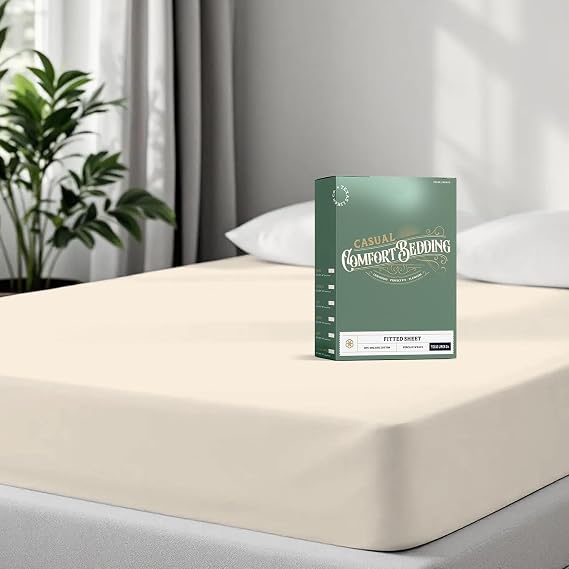TEXAS LINEN CO. 100% Organic Cotton King Size Fitted Sheet, Percale, Ivory