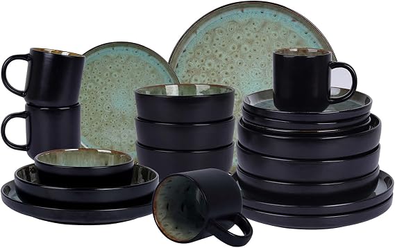 Euro-Nordic Stoneware 20pc Dinnerware Set, Reactive Glaze (Bubble Green, 20pc Set)
