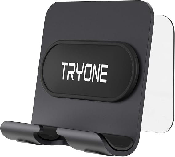 Tryone Wall Mount Cell Phone Holder - Mirror Adjustable Cellphone Stand with 2Pcs Adhesive Sticky Pads for Bathroom Bedroom Kitchen or Dorm, Compatible with iPhone Series or Other Smartphones