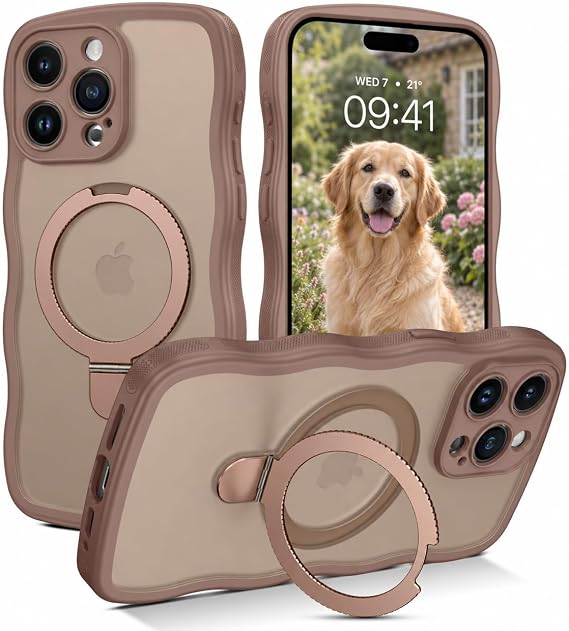 GaoBao for iPhone 15 Pro Max Case with Ring Stand,[Compatible with Magsafe] Curly Wave Frame Phone Case Translucent Matte TPU Bumper Shockproof Protective Cover for iPhone 15 Pro Max,Desert Titanium