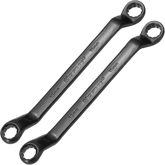 sourcing map 2pcs 45 Degree Offset Box End Wrench 13mm x 15mm Metric 12 Point Chrome Vanadium Steel Double Box Wrenches Long Industrial Grade Torx Box Wrench Repair Tool, Black