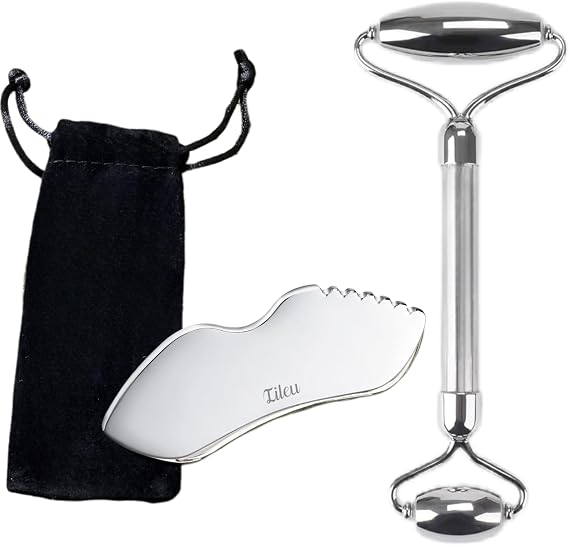 Face Roller & Gua Sha, Stainless Steel Facial Roller and Gua Sha Tool for Face, Skin Care, Anti-Aging, and Lifting 2PCS