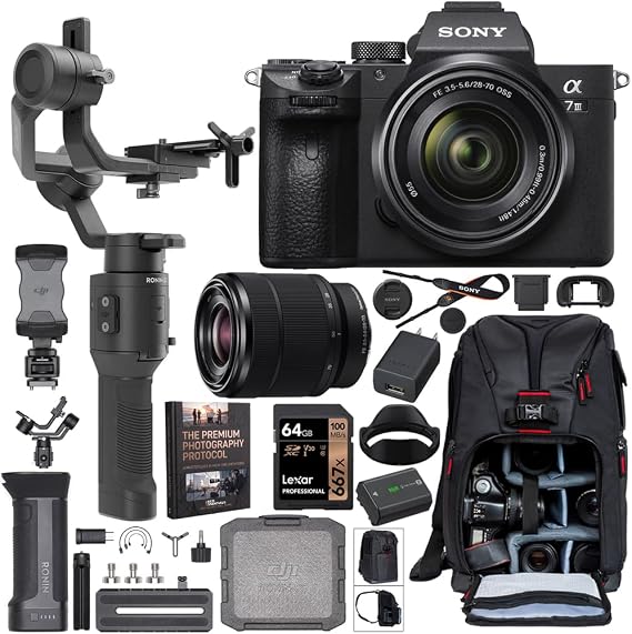 Sony a7III Full Frame Mirrorless Camera + FE 28-70mm F3.5-5.6 Lens ILCE-7M3K/B Filmmaker's Kit w/DJI Ronin-SC 3-Axis Handheld Gimbal Stabilizer Bundle + Deco Photo Bag + 64GB Card + Photography Pro