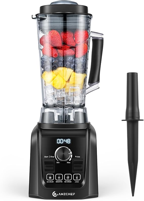 AMZCHEF 1800W High-Powered Blender, Professional 68oz (2L) Large Pitcher, 5 Programs for Smoothies, Ice Crush, Soup & Nut Butter 6 Stainless Blades, Black