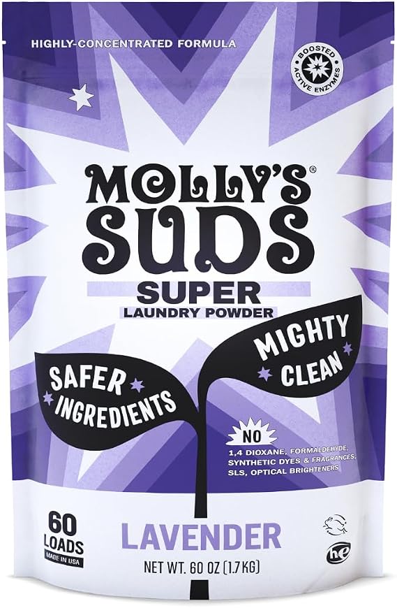 Molly's Suds Super Powder Detergent | Natural Extra Strength Laundry Soap, Stain Fighting | Sensitive Skin | Earth Derived Ingredients | Lavender, 60 Loads