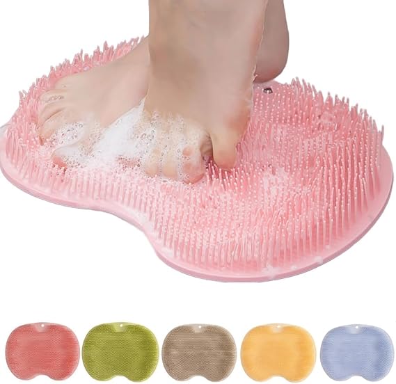 Silicone Shower Foot Scrubber Mat, Back Washer Back Exfoliating Bath Wash Pad with Non-Slip Suction Cups, Wall-Mounted Foot Scrubber Cleaning Mat for Women and Men (Pink)