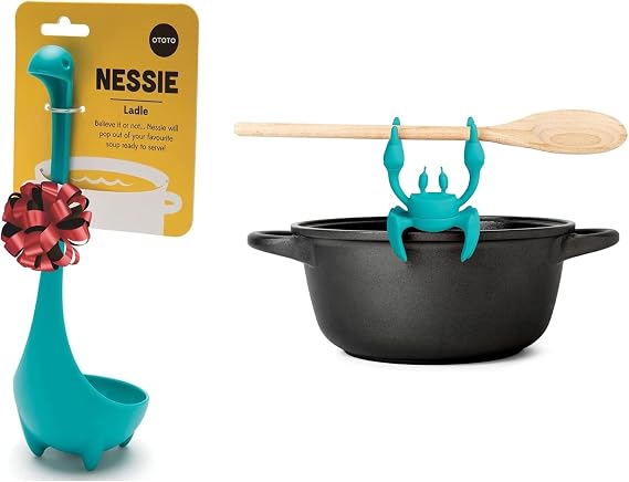 OTOTO Nessie Turquoise Original Nessie Ladle - Soup Ladle + Aqua the Crab Silicone Utensil Rest (Bundle of 2)