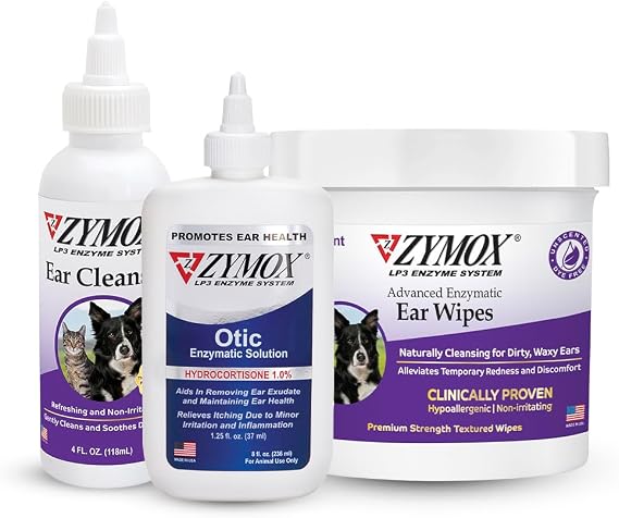 Zymox Enzymatic Ear Wipes, Ear Cleanser, Otic Ear Solution for Dogs and Cats - Product Bundle - for Dirty, Waxy, Smelly Ears and to Soothe Ear Infections, 100 ct, 8 oz and 4 oz