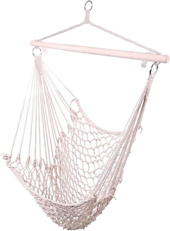 Macrame Hammock Chair - Beige Cotton Rope Swing Chair for Indoor and Outdoor Use, Boho Hammock Seat, Perfect for Bedroom, Patio, Porch, Garden, Yard, and Beach