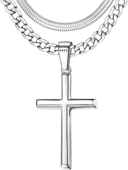 925 Sterling Silver Cross Necklace for Men - Waterproof Layered Sterling Silver Cross Pendant Necklaces Stainless Steel Cuban Link Herringbone Cross Chain Necklace Set Jewelry Gifts 16-30 Inches