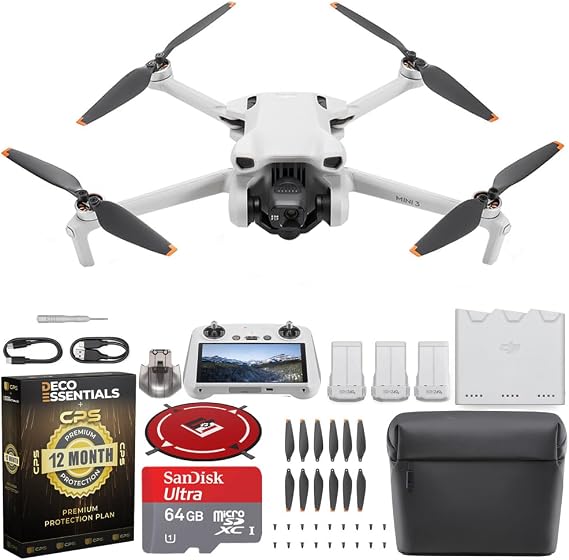 DJI Mini 3 Fly More Combo with RC Remote 4K HDR Portable Drone Bundle with Sandisk Ultra microSDXC 64GB Memory Card + Deco Gear Drone Landing Pad + Deco Essentials 12 Month Protection Pack