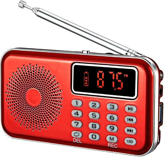Portable FM Radio,Mini Digital Radio Music Player with Speaker Support Micro SD/TF Card/USB, Auto Scan Save, No AM (Red)