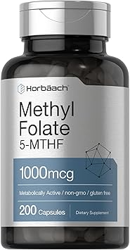 Horbaach Methyl Folate Supplement | 1000 mcg | 200 Capsules | 5-MTHF | Folic Acid | Non-GMO, Gluten Free Methylfolate