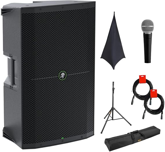 Mackie Thump215 1400W 15" Powered PA Loudspeaker System Bundle with On-Stage SSA100 Speaker Stand Skirt, Auray Adjustable Speaker Stand, Stand Bag, Vocal Mic, and 2X XLR-XLR Cable