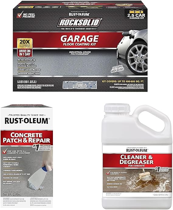 Rust-Oleum 293513 Rocksolid Polycuramine Garage Oil Floor Coating, 2.5 Car Kit, Gray & 301012 Concrete Patch & Repair, 24 oz, Gray & 301243 Cleaner and Degreaser, 1 Gallon