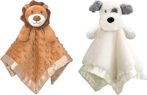 Baby Security Blanket Lion+Dog Soft Minky Dot Fabric with Silky Satin Backing Baby Snuggle Toy Animal Baby Blanket for Infant and Toddler Brown 14 Inch