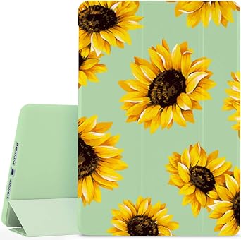 JOYLAND Flower Floral Pad Case Cover for iPad 8th/9th Generation Green Case Lovely Sunflowers Anti-Scratch Shockproof Lightweight Smart Trifold Stand Cover Soft TPU Cover for 10.2" iPad 2020/2021