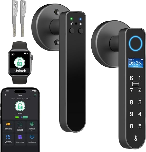 Fingerprint Handle Door Lock RFID NFC Smart Door Levers eLinkSmart Digital Keyless Entry Door Knob Lock with Keypad Display Screen Privacy Mode for Bedroom, eSmartLock App Black