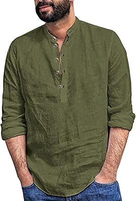 YawYews Mens Linen Casual Henley Shirts V Neck Long Sleeve Button Down Shirts Loose Fit Beach Work Shirts
