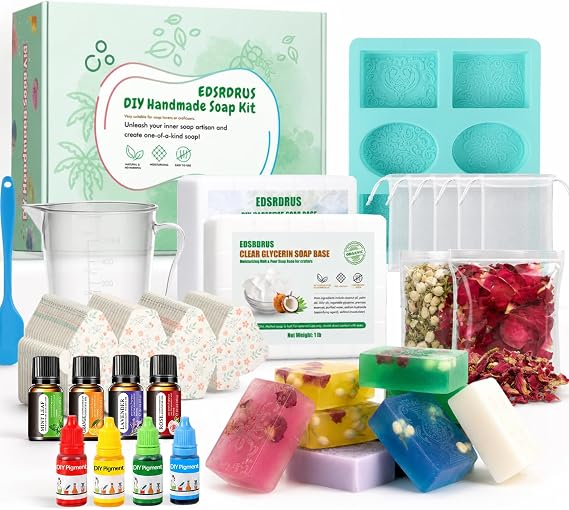 EDSRDRUS Basic Soap Making Kit for Adults - Soap Making Supplies with 2lbs Glycerin Soap Base, Silicone Molds, Dried Petals, Fragrance Oils, Pigments & More - Fun, Easy, Creative DIY Craft Kits