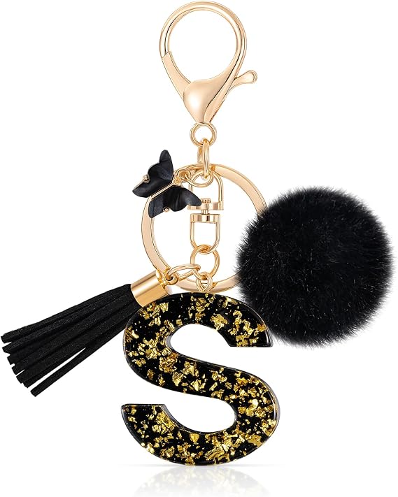 MWOOT Initial keychain,Resin Letter keychain,Cute Car Keyring Alphabet,Black Car Keychains Pompom Keychain