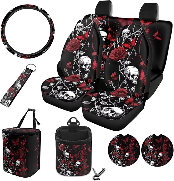 Skull Rose Pattern 10 Pcs Car Seat Covers Full Set Breathable Auto Seat Protector + Steering Wheel Cover + Air Vent Storage Bag + Trash Can + Coaster + Keychain