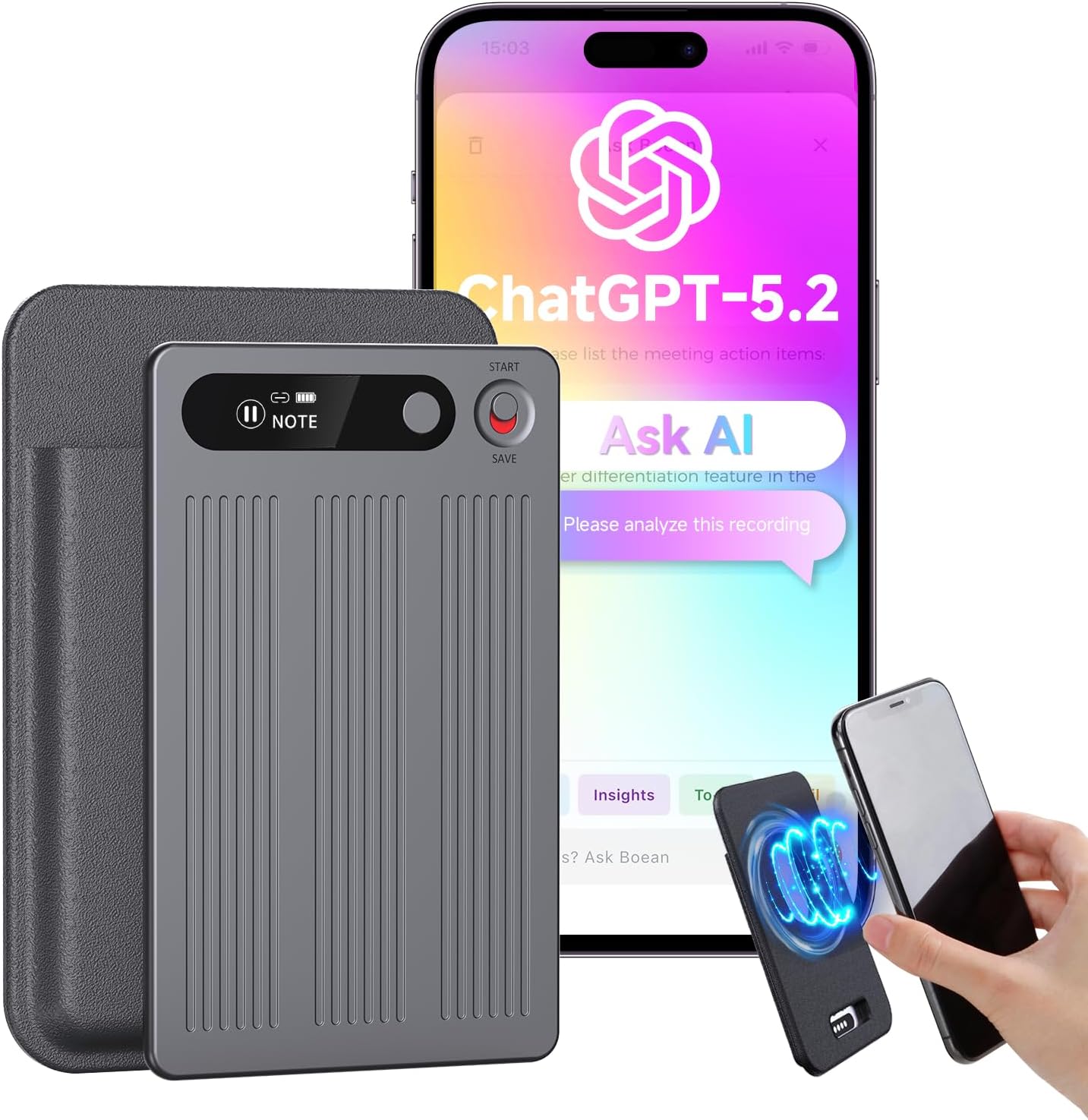 AI Voice Recorder, Transcribe Summarise and Mind-Map with AI Technology, APP Control, Support 90+ Languages, 64GB Memory, Magnetic, Audio Dictaphone Recorder for Meetings, Lectures, Phone Calls