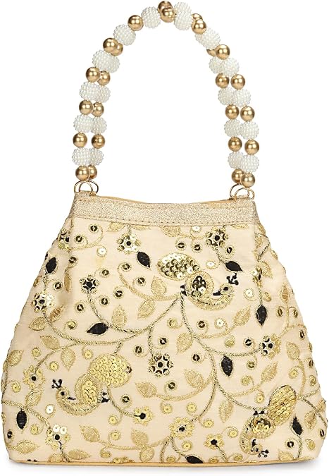LONGING TO BUY Vintage Peacock Floral Embroidered Potli Bag with Pearl Beaded Handle, Evening Purse