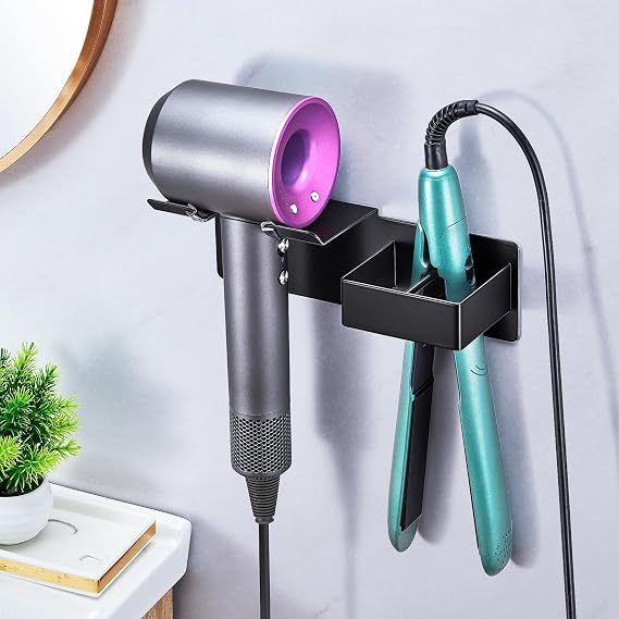 Hair Dryer Holder Wall Mounted, Hair Straightener Holder Metal, Adhesive Blow Dryer and Hair Straightener Holder, Bathroom Bedroom Hair Tool Organizer for Flat Iron,Curling Iron,Hairdryer (Black)