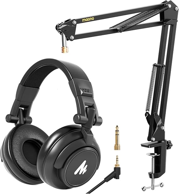 MAONO Boom Arm Microphone Stand with MAONO 50MM Drivers Studio Headphones (BA20+AU-MH601)