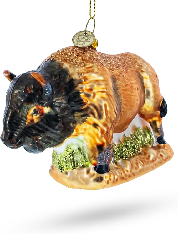 Brown Buffalo on Prairie Grass Glass Christmas Ornament