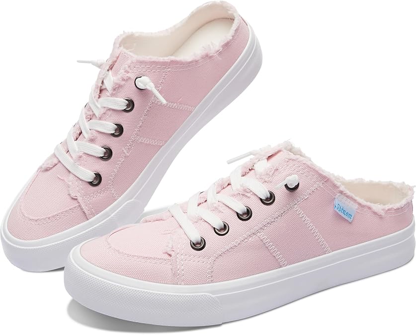 Obtaom Women Canvas Mules Memory Foam Clipper Fashion Sneakers Comfortable Slip-On Mule Backless Holiday Shoes