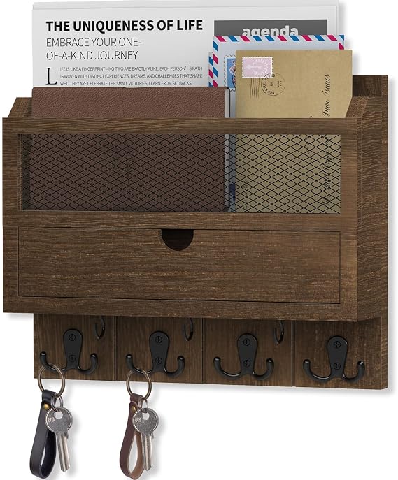 Nekon Mail Organizer with Drawer for Wall, Wooden Key Holder, Brown