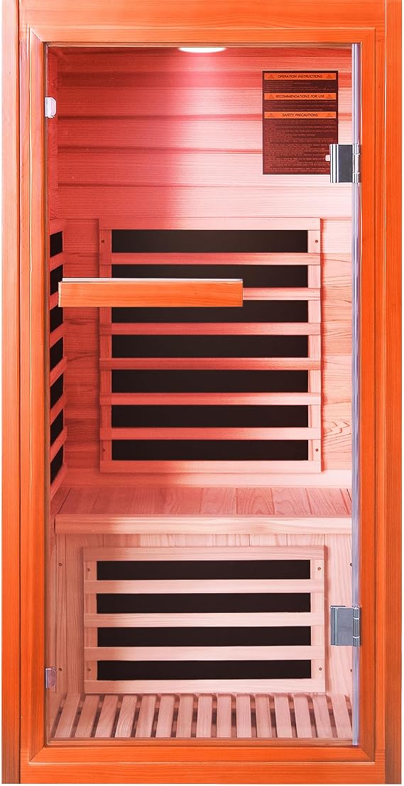 Sauna, Far Infrared Saunas for Home 1 Person Wooden Sauna 1065W/120V Low Emf Dry Sauna Indoor Sauna Room Douglas Fir with Tempered Glass Door/Speakers/Air Hole and Colorful Lighting - 31.5*31.5*63 in