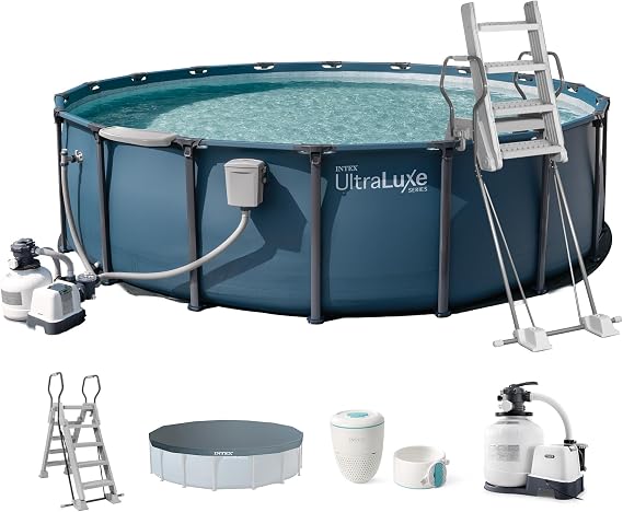 INTEX UltraLuxe 20ft x 52in Round Above Ground Pool Set, Smart WiFi Enabled | 28839EH - 2650 GPH Sand Filter Pump, Saltwater System, Pool Water Analyzer & Skimmer - Premium Retractable Ladder