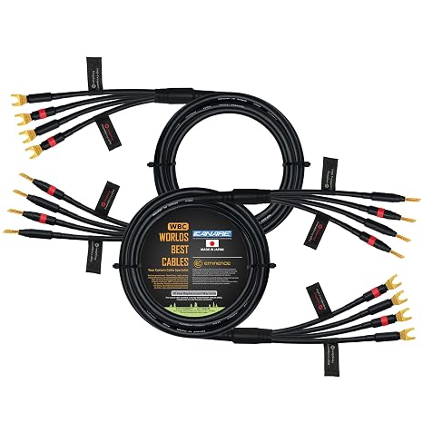 WORLDS BEST CABLES 8 Foot - Canare 4S11 Audiophile Grade - HiFi Star-Quad Bi-Amp Speaker Cable Pair with Eminence Gold Banana & Spade Connectors [Banana x4 Spade x4]