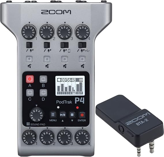 Zoom PodTrak P4 Portable Multitrack, 4 Microphone Inputs, 4 Headphone Outputs, BTA-2 Bluetooth Adapter