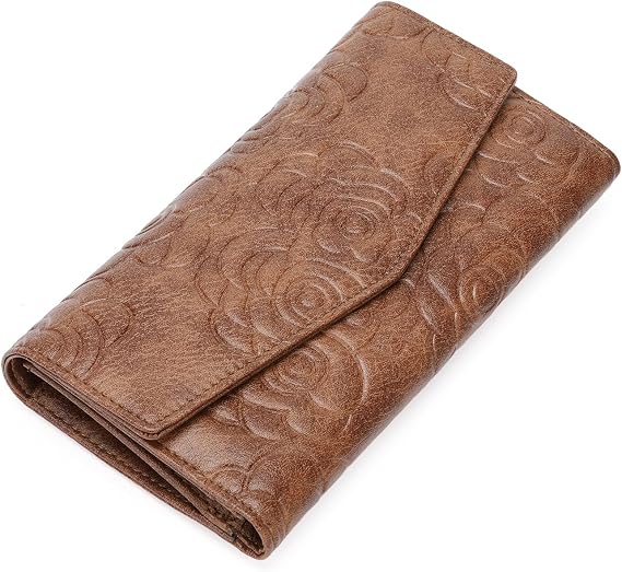 GOIACII Women's Wallet RFID Blocking Credit Card Holder Ladies Clutch Purse with Zipper Coin Pocket Embossed Flower Brown