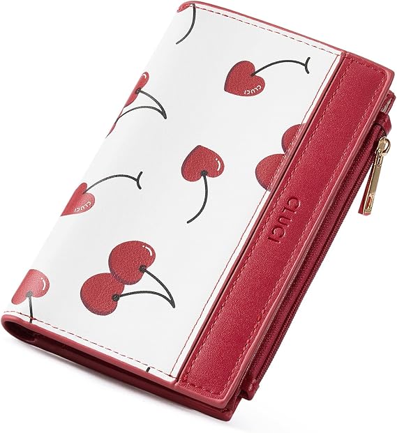 CLUCI Small Wallet for Women PU Leather RFID Wallet Blocking Designer Bifold Ladies Wallet Card Holder Cherry Print