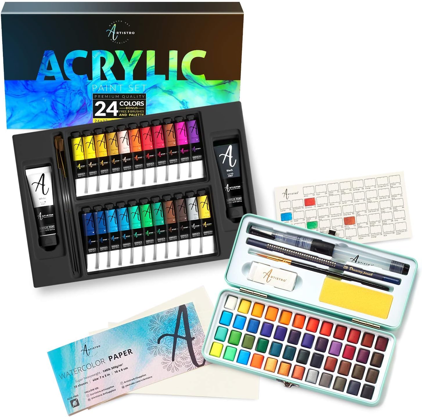 Artistro Watercolor Paint Set 48 Colors and Acrylic Paint Set 24 Colors for Canvas Painting, Wood, Fabric, Clay, Ceramic & Crafts
