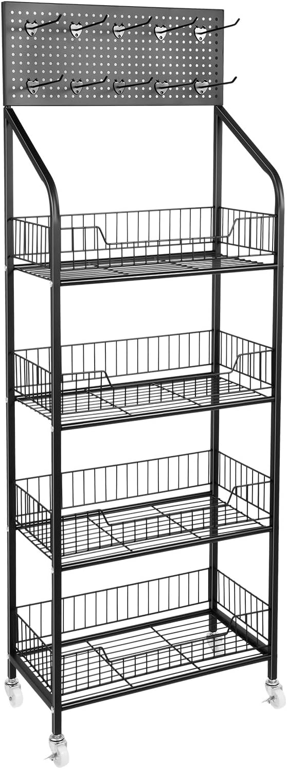 Retail Candy Snack Display Rack 4-Tier Metal Wire Storage Display Shelf Stand with Wheels ,Hooks and Fixed Adjustable Feet Tiered Store Display Stand Shelves Snack Organizer Cart (Black)