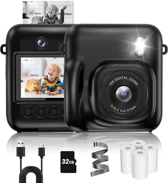 Instant Print Camera for Kids, Dual-Lens Selfie Digital Camera with Print Paper & 32GB Card(Black)