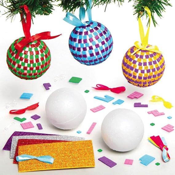 Baker Ross AX529 Christmas Baubles Mosaic Craft Sets - Pack of 4 Mosaic Balls for Gluing for Children Foam Rubber Creative Set for Children for Christmas
