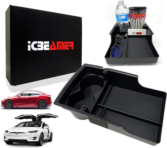 ICBEAMER Carbon Fiber Pattern Center Console Organizer Fit: Tesla Model S/Model X 2016~2021, Storage Box Coins Cup Holder