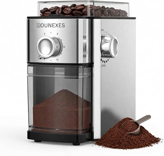 Flat Burr Coffee Grinder Electric,Adjustable Coffee Grinder for Home Use, Burr Mill Grinder with 17 Levels, Large Bean Hopper & Removable Container, silver