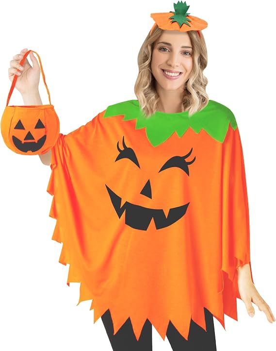 HEYFIZZ 3 PCS Pumpkin Costume for Women,Easy Halloween Costume for Adults | One Size Fits Most,Halloween Pumpkin Poncho with Pumpkin Headband,Candy Bag,Last Minute Adult Halloween Costumes