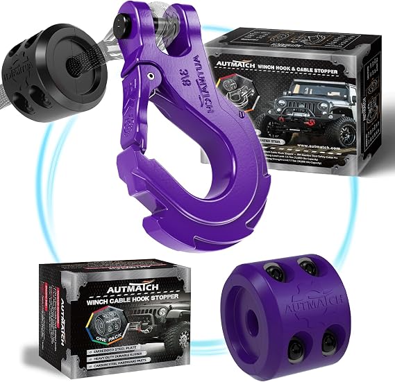 AUTMATCH 3/8" Winch Hook Safety Latch with Winch Cable Hook Stopper, Grade 70 Forged Steel Clevis Slip Hook, Max 39,600Lbs Work for Winch Rope, ATV, UTV, Off Road Vehicle, Purple